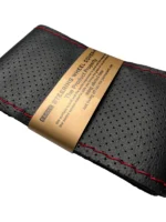 دور فرمان دوختی چرم طبیعی سوزنی مشکی دوخت قرمز